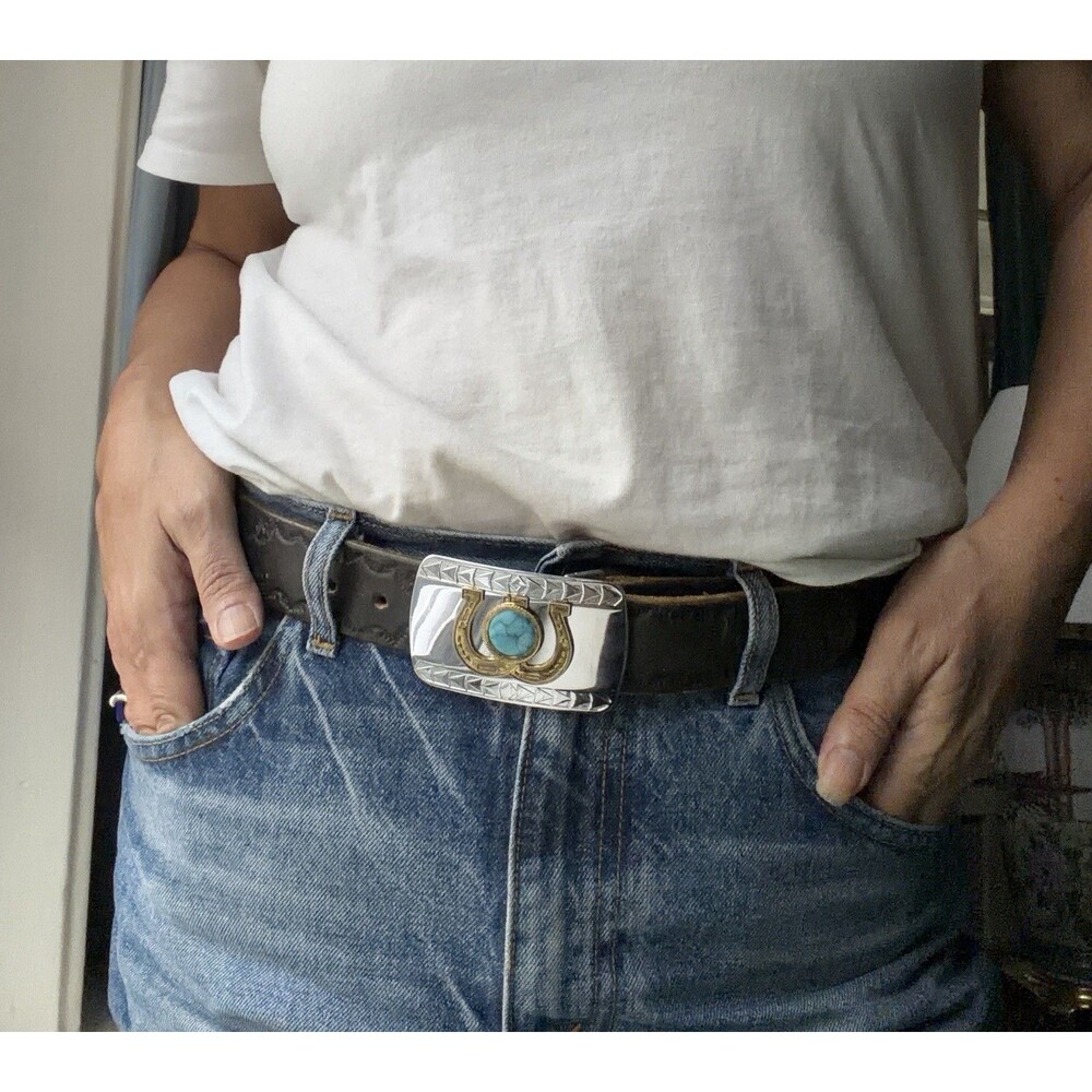 Western Leather Belt Turquoise Horseshoe Statement Buckle Embossed 35-40"